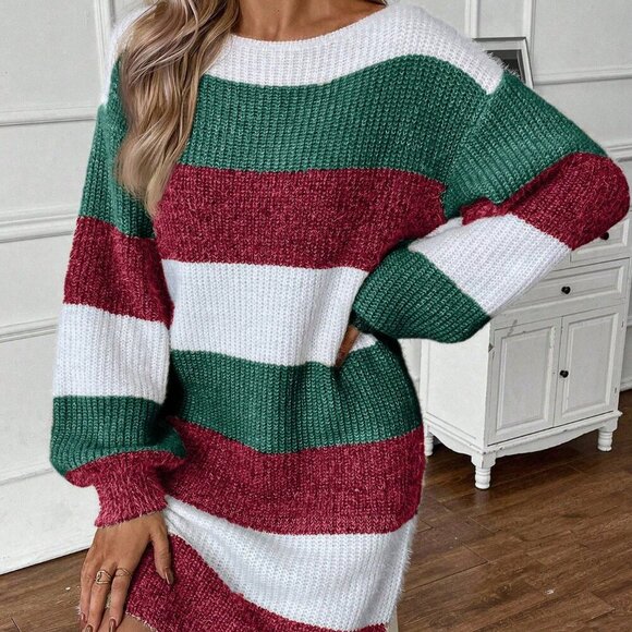 Multicolor Casual Women's Color lock Striped Lantern Sleeve Sweater Dress - Picture 3 of 5